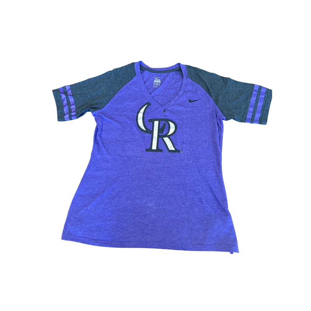 Nike Colorado Rockies MLB Womens XL Purple Grey Raglan V-Neck T-Shirt Logo Tee